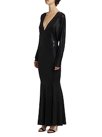 Dolman-Sleeve V-Neck Fishtail Gown