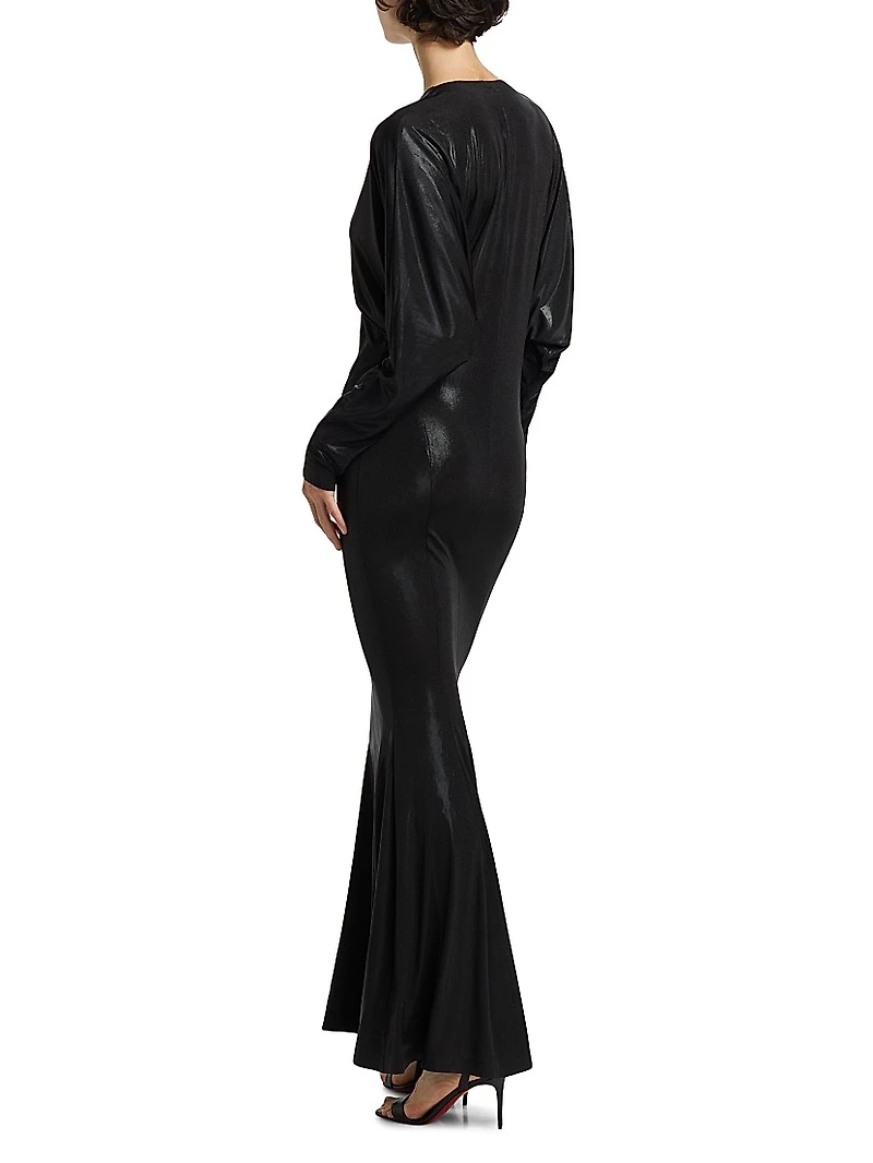 Dolman-Sleeve V-Neck Fishtail Gown