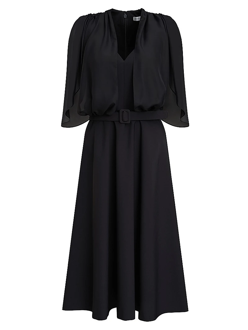 Deanna Crepe-Chiffon V-Neck Midi-Dress