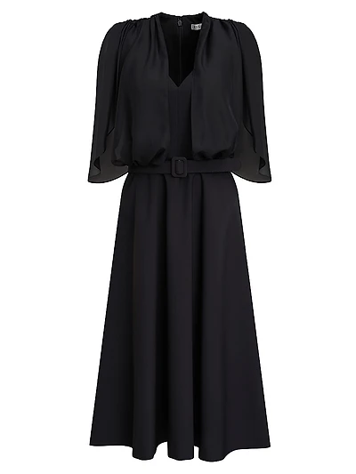 Deanna Crepe-Chiffon V-Neck Midi-Dress