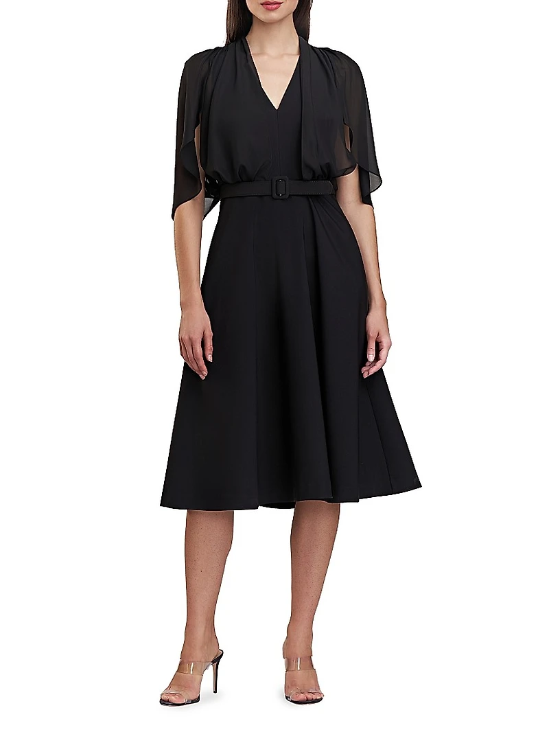Deanna Crepe-Chiffon V-Neck Midi-Dress
