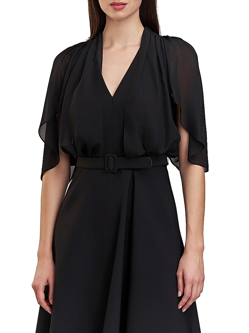 Deanna Crepe-Chiffon V-Neck Midi-Dress