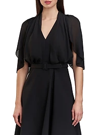 Deanna Crepe-Chiffon V-Neck Midi-Dress