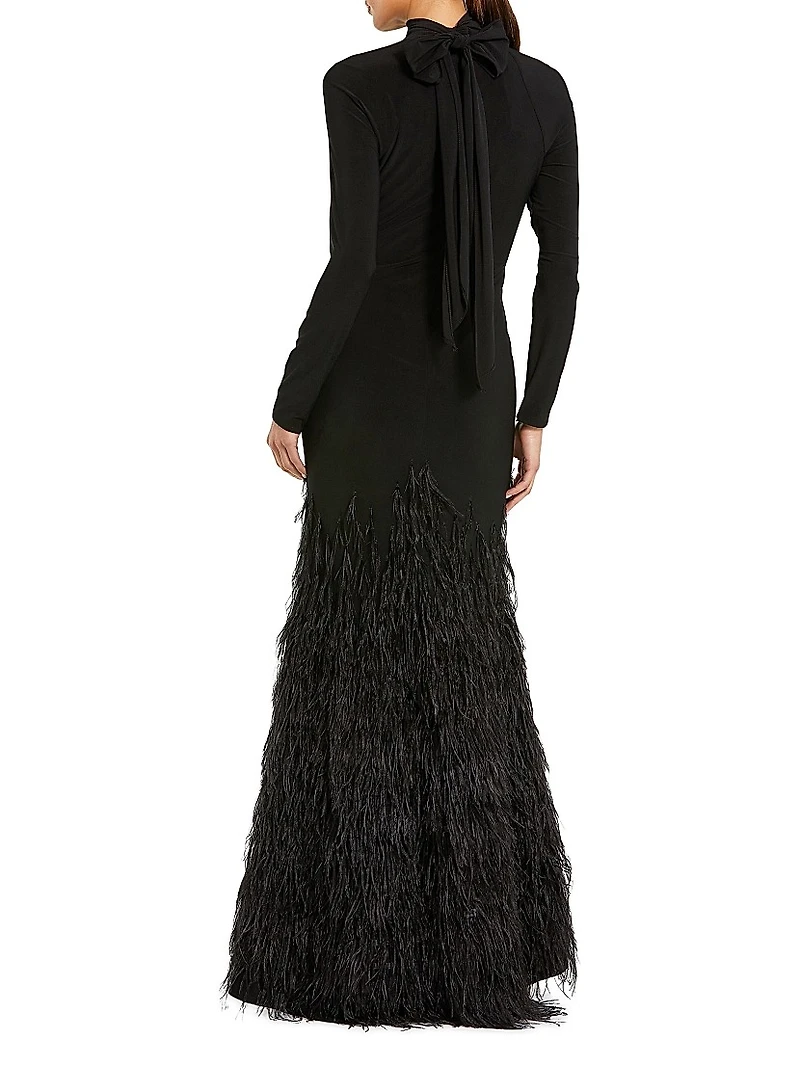 Feather-Embellished Jersey Gown