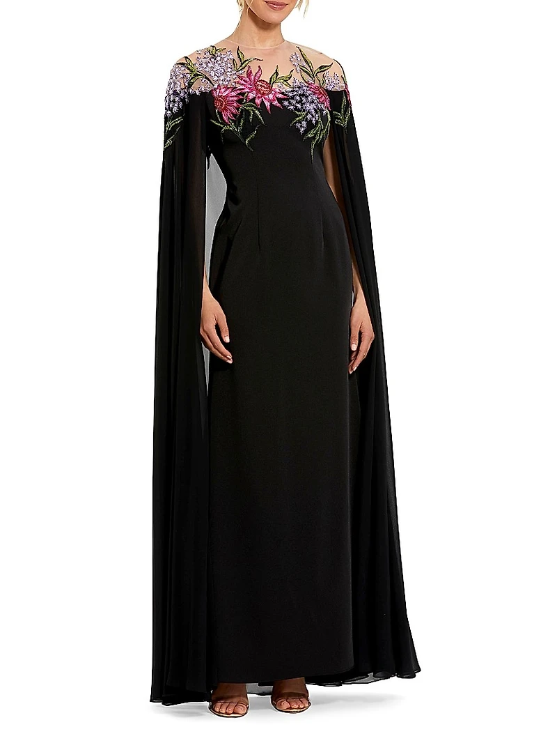 Beaded Crepe Cape Gown
