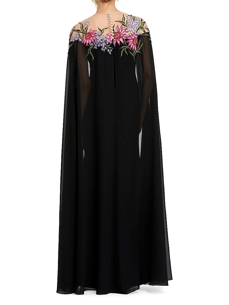 Beaded Crepe Cape Gown