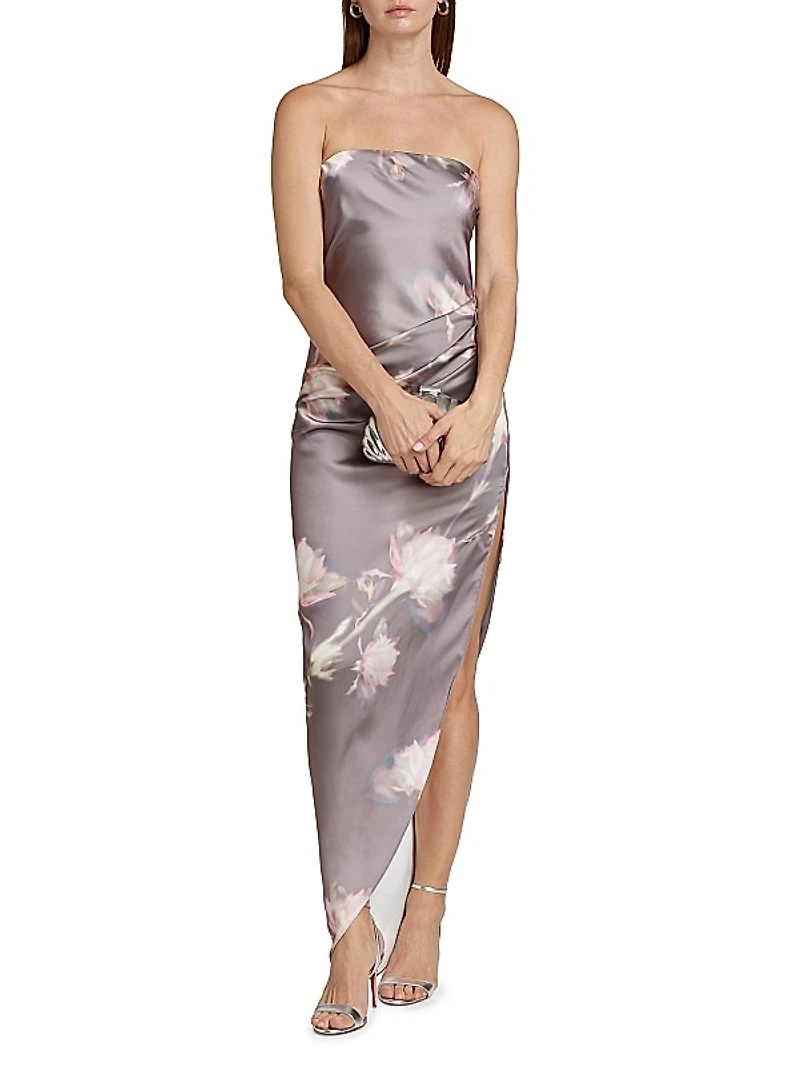 Janae Satin Floral Asymmetric Maxi Dress