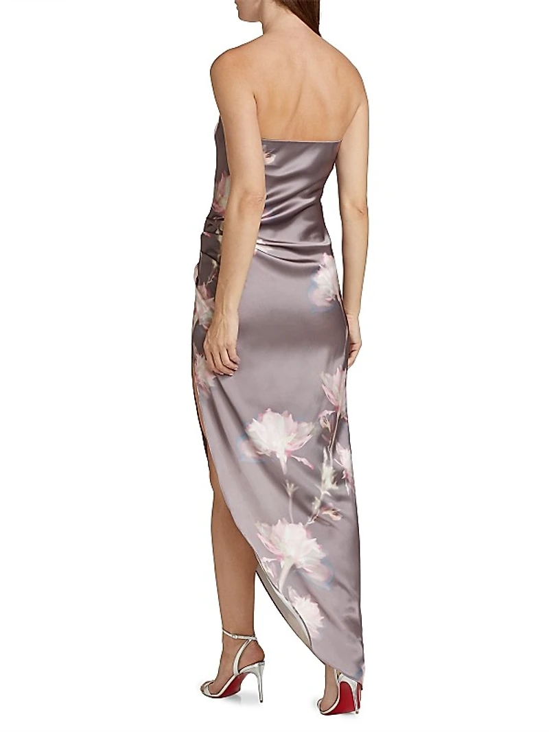 Janae Satin Floral Asymmetric Maxi Dress