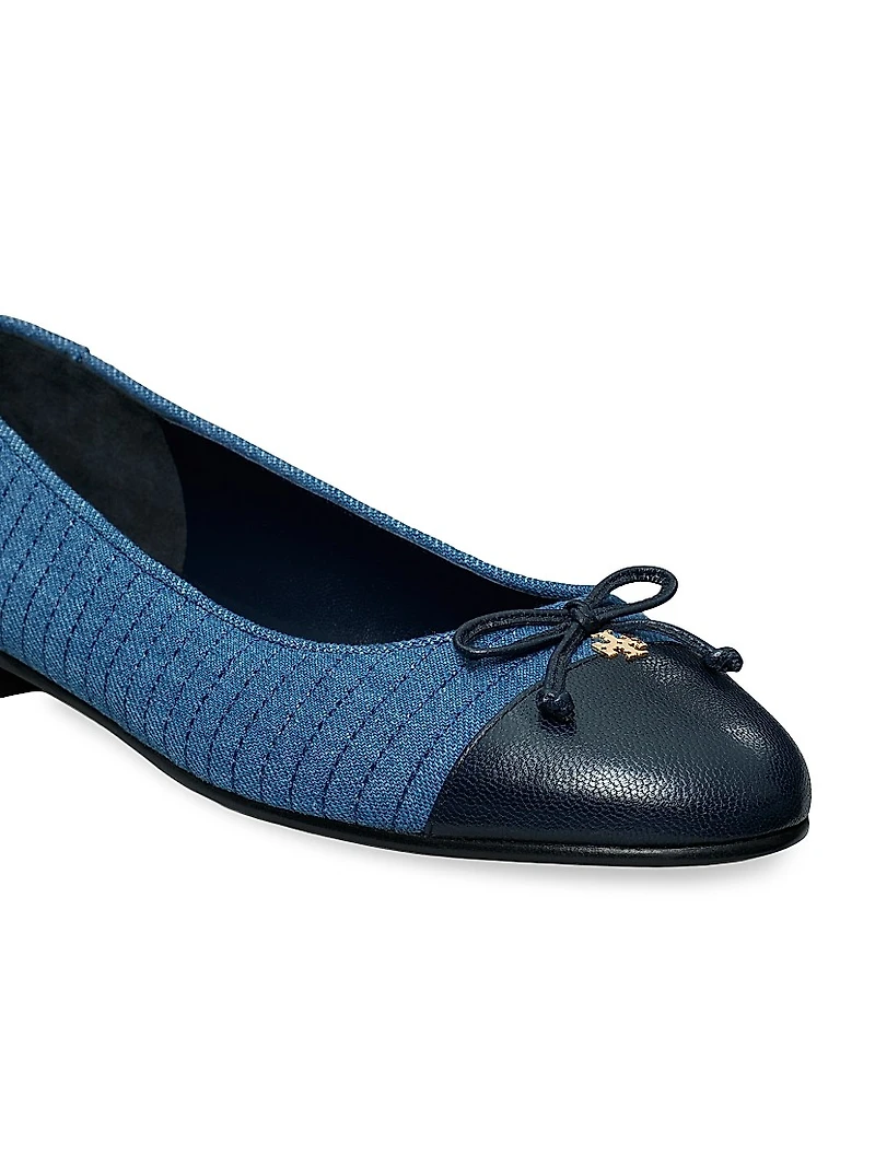 Leather & Quilted Denim Cap-Toe Ballet Flats