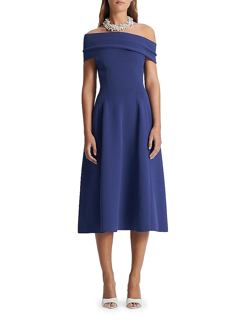 Off-The-Shoulder Crepe Knit Midi Dress