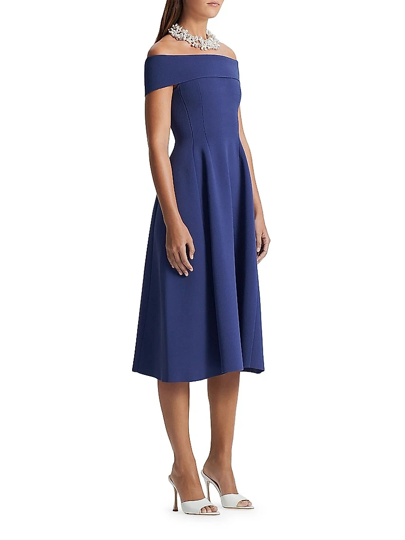 Off-The-Shoulder Crepe Knit Midi Dress