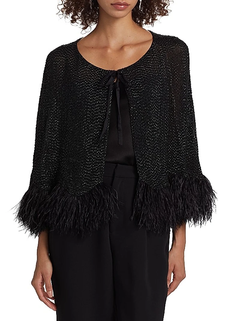 Beaded Silk Feather-Trim Cape