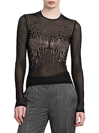 Beaded Tulle Long-Sleeve Top