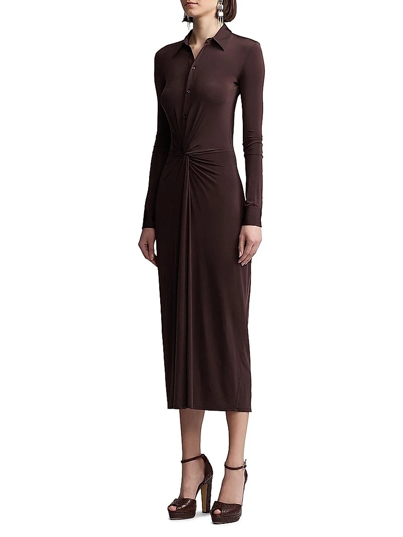 Gathered Button-Front Midi-Shirtdress