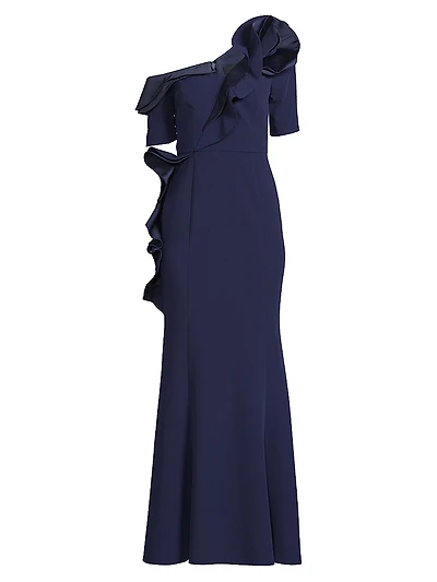 Ruffle Crepe One-Shoulder Gown