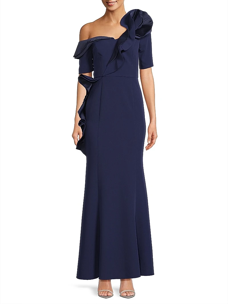 Ruffle Crepe One-Shoulder Gown