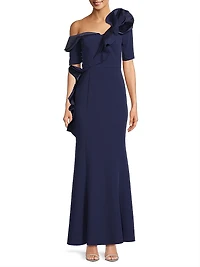 Ruffle Crepe One-Shoulder Gown