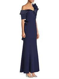 Ruffle Crepe One-Shoulder Gown