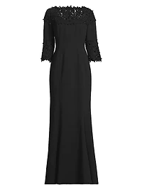 Embellished Crepe-Lace Boatneck Gown