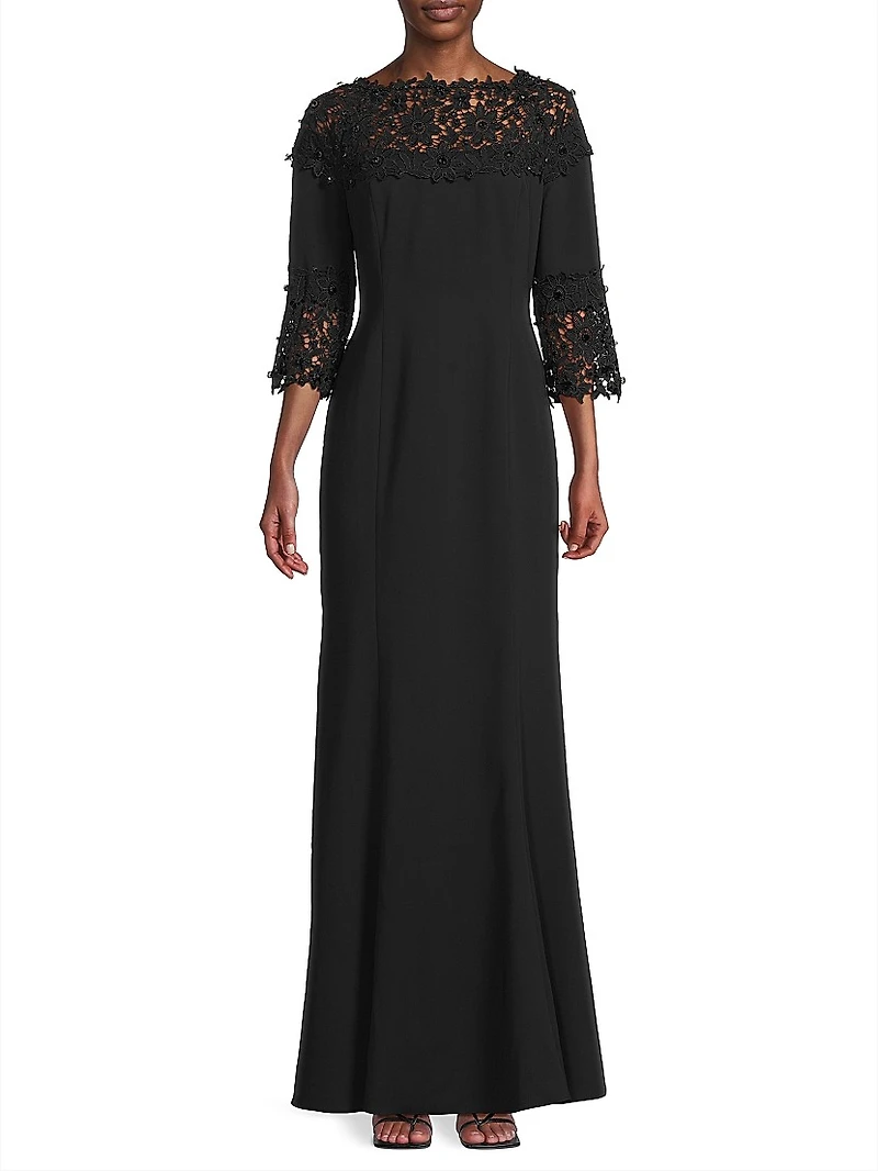 Embellished Crepe-Lace Boatneck Gown