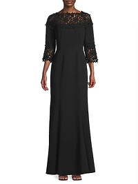 Embellished Crepe-Lace Boatneck Gown
