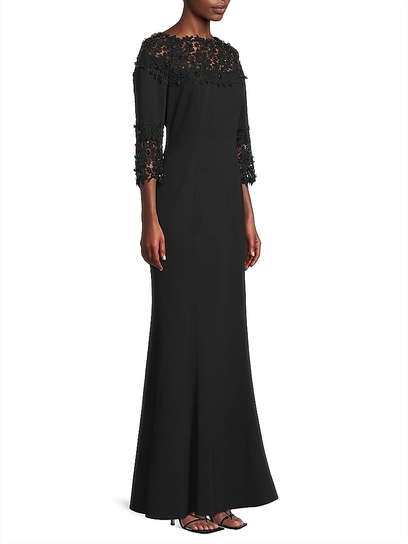 Embellished Crepe-Lace Boatneck Gown
