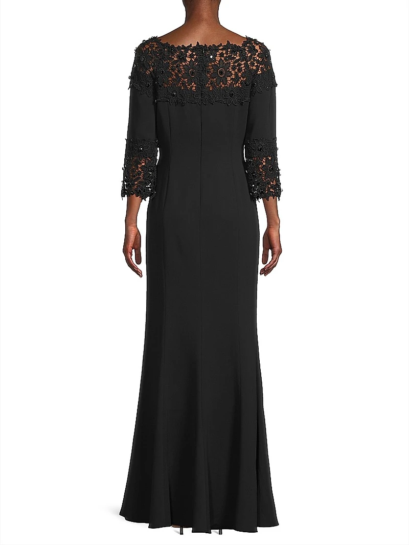 Embellished Crepe-Lace Boatneck Gown