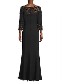 Embellished Crepe-Lace Boatneck Gown