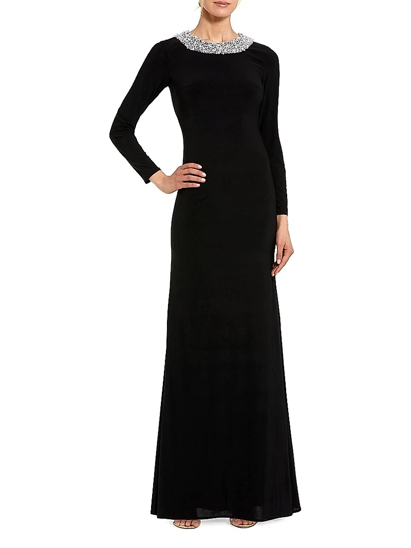 Beaded Jersey Long-Sleeve Gown