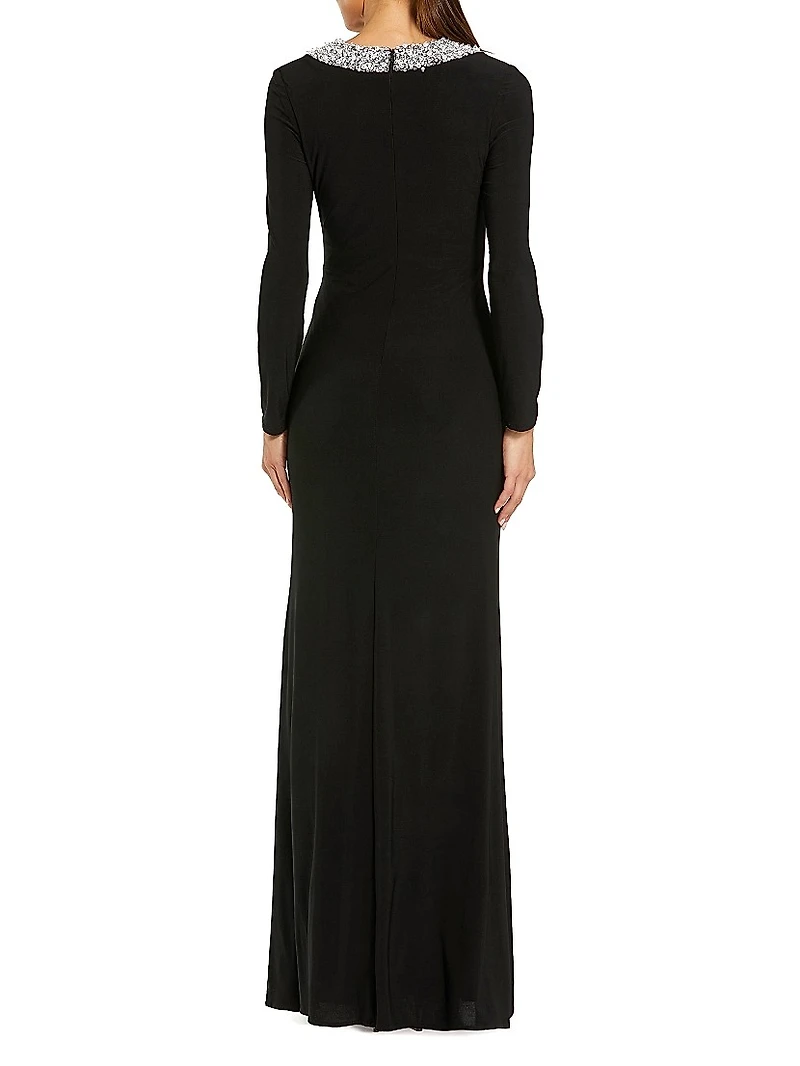 Beaded Jersey Long-Sleeve Gown