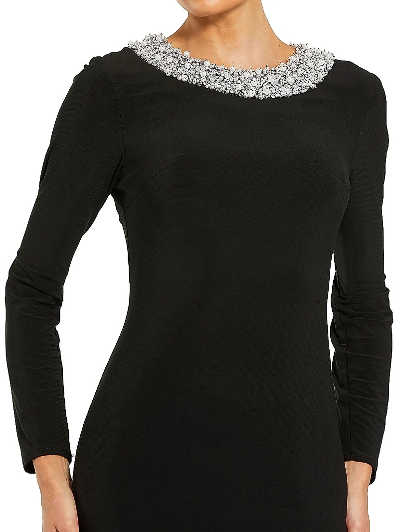 Beaded Jersey Long-Sleeve Gown