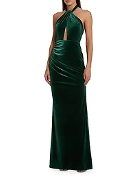 Draped Velvet Halter Column Gown