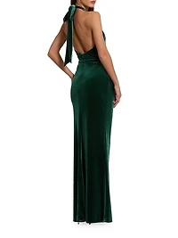 Draped Velvet Halter Column Gown