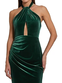 Draped Velvet Halter Column Gown