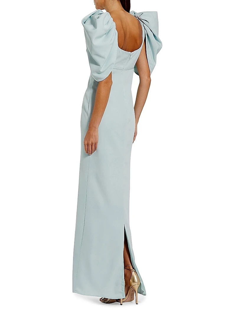 Crepe Puff-Sleeve Column Gown