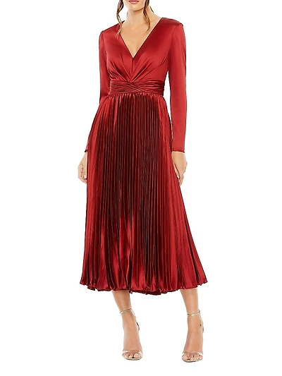 Pleated Satin V-Neck Midi-Dress
