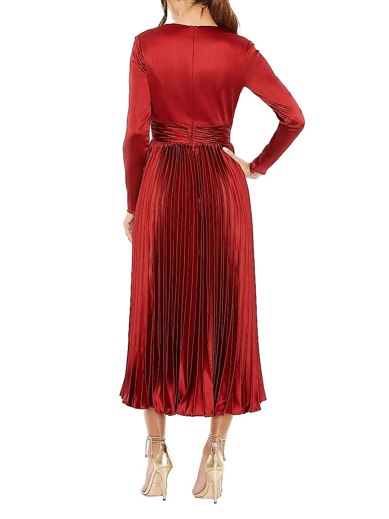 Pleated Satin V-Neck Midi-Dress