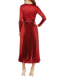 Pleated Satin V-Neck Midi-Dress