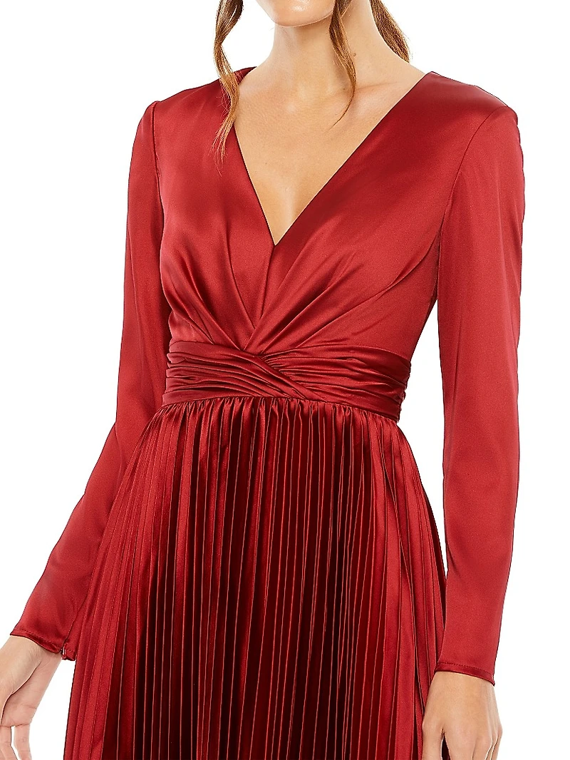 Pleated Satin V-Neck Midi-Dress