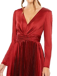 Pleated Satin V-Neck Midi-Dress