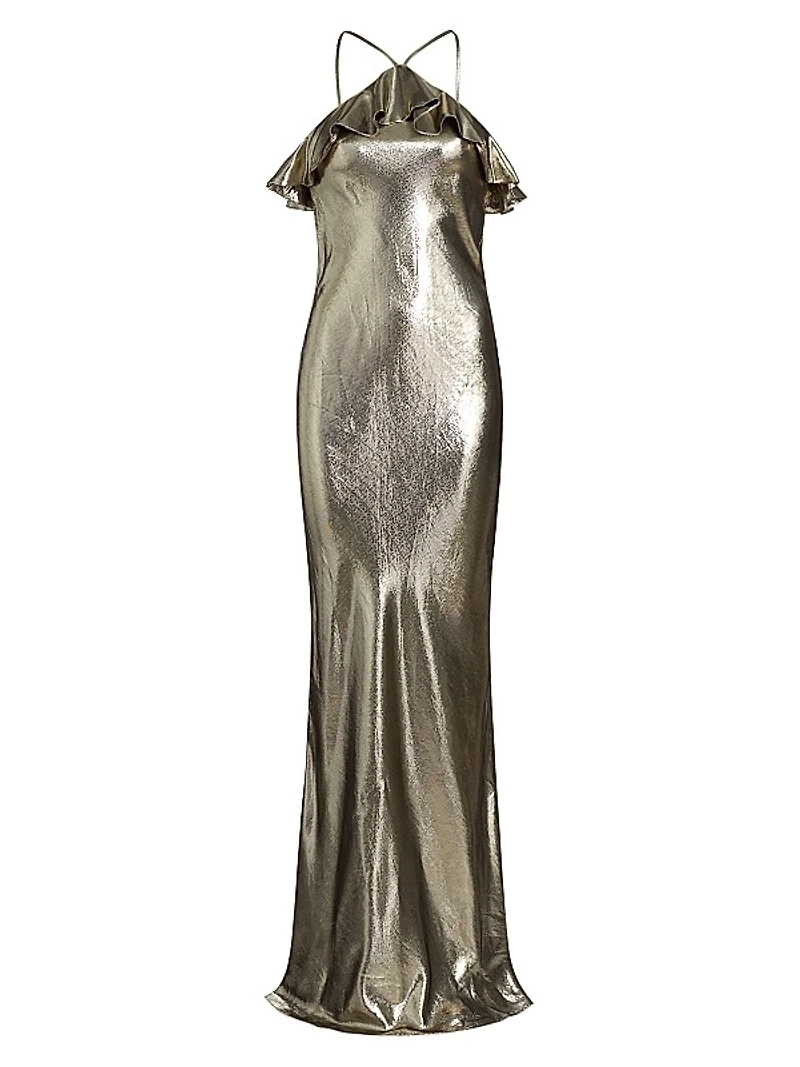 Metallic Silk-Blend Halterneck Ruffled Gown