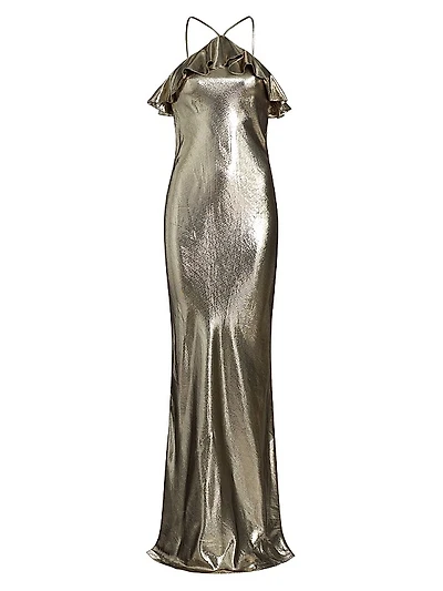 Metallic Silk-Blend Halterneck Ruffled Gown