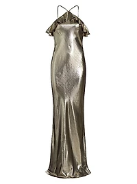Metallic Silk-Blend Halterneck Ruffled Gown