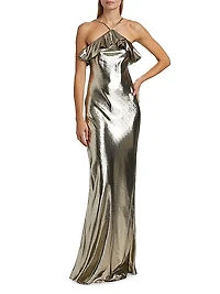 Metallic Silk-Blend Halterneck Ruffled Gown