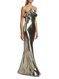 Metallic Silk-Blend Halterneck Ruffled Gown