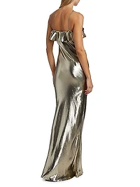 Metallic Silk-Blend Halterneck Ruffled Gown