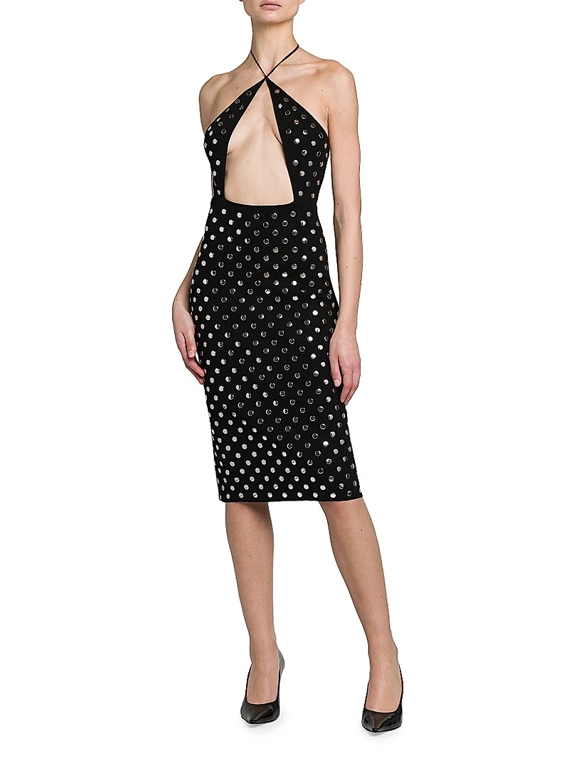Studded Cut-Out Halter Midi-Dress