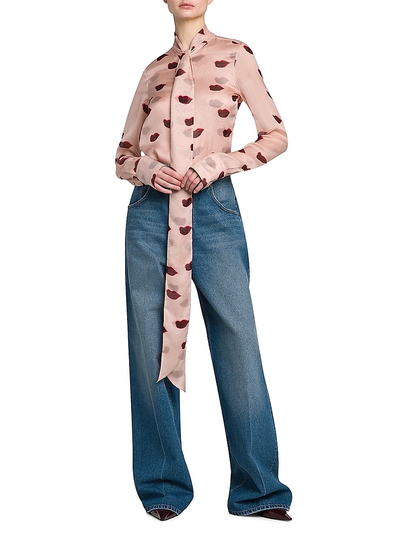 Lips Silk Tie-Neck Blouse
