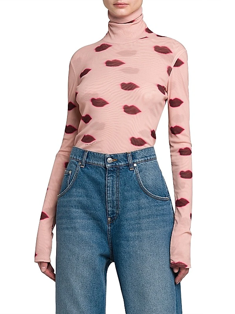 Lips Mesh Turtleneck Top
