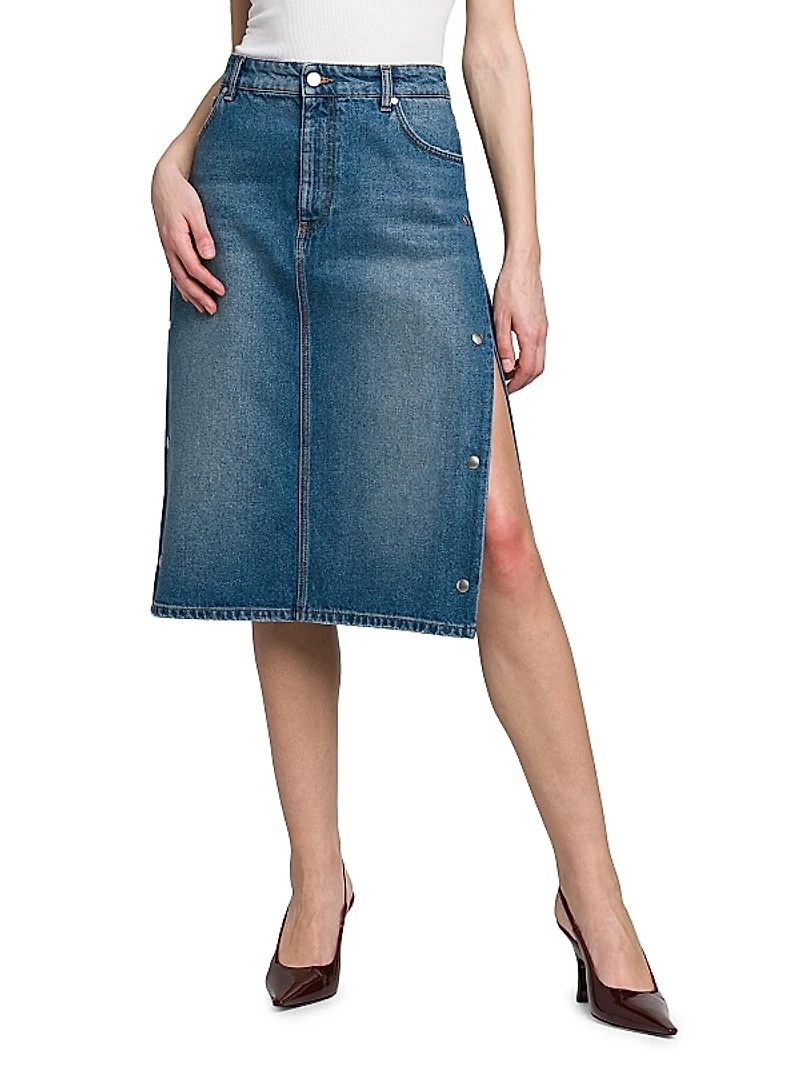 Side-Snap Denim Midi-Skirt